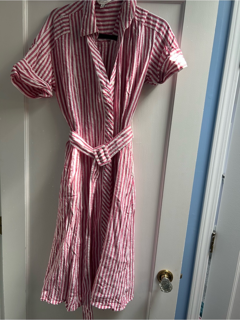 Banana Republic Linen Blend Striped Pink & White Belted Shirt Dress - Size M